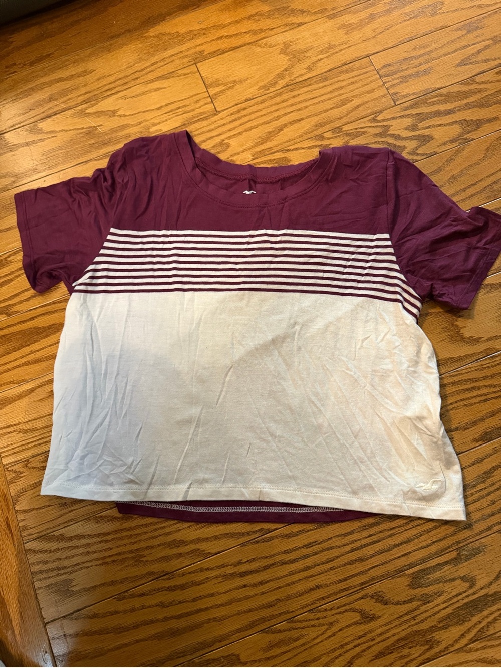 Hollister Maroon and Cream Striped Crop Tee